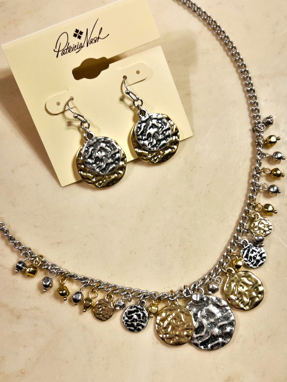 PATRICIA NASH Multi Charm Necklace & Earrings Shiny Gold & Silver Hammered Metal